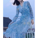 Beach Resort Style Beach Skirt French High-end Blue Oil Painting Dress for Women