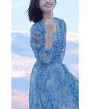 Beach Resort Style Beach Skirt French High-end Blue Oil Painting Dress for Women