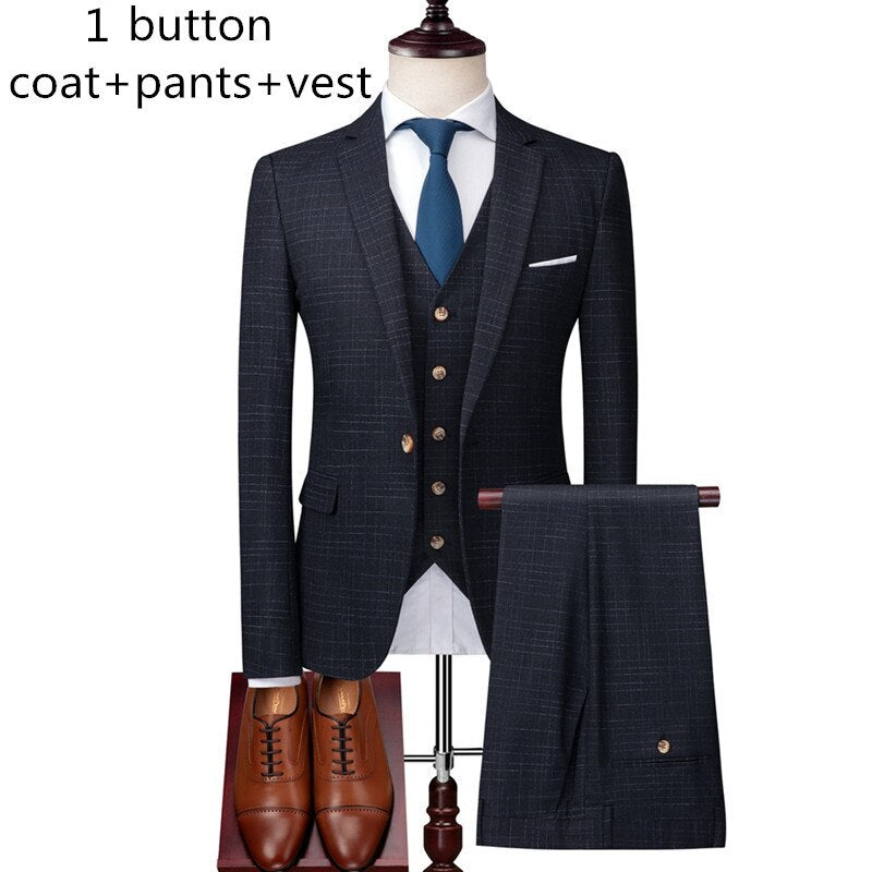 Blazer Pants Vest 3 Pieces Suit Set / Men's Fashion Banquet Business British Style Slim High End Custom Plaid Blazers Trousers