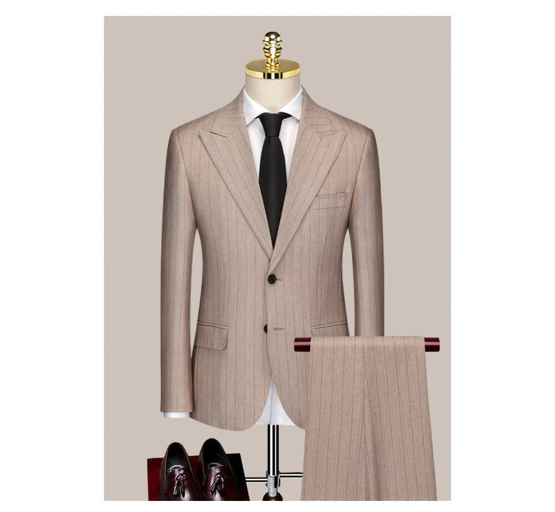 Customized Suit Men's Business Casual Bridegroom Wedding Dress Korean Edition Slim Customized Brown Stripe Formal Suit Men's Set