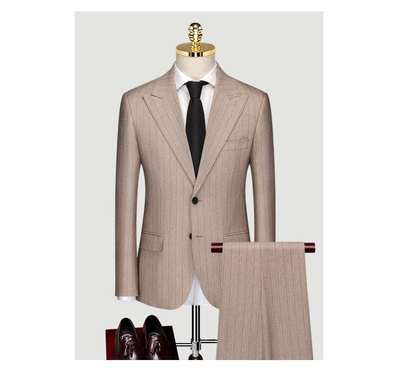 Customized Suit Men's Business Casual Bridegroom Wedding Dress Korean Edition Slim Customized Brown Stripe Formal Suit Men's Set