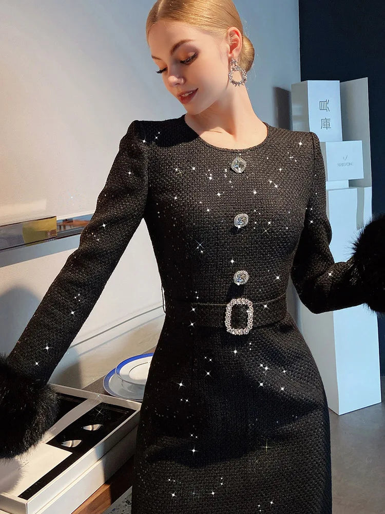 Elegant Waistband with Detachable Fur Cuffs Dress