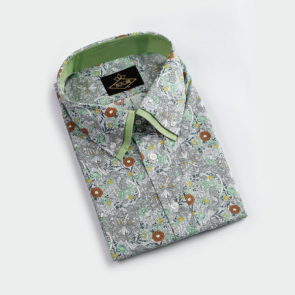 Fashion Slim Business Long Sleeve Green Printed Men's Shirt