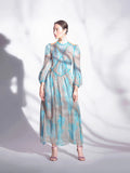 Fragmented Flower Dress French Retro Luxury Holiday Lantern Sleeves Fairy Dress Bright Water Blue Slim Fit Long Dress