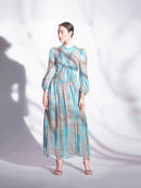 Fragmented Flower Dress French Retro Luxury Holiday Lantern Sleeves Fairy Dress Bright Water Blue Slim Fit Long Dress