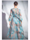 Fragmented Flower Dress French Retro Luxury Holiday Lantern Sleeves Fairy Dress Bright Water Blue Slim Fit Long Dress