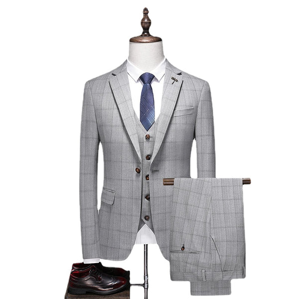 New Fashion Boutique Checker Men's Casual Business Set Groom Wedding Dress Formal Slim Fit Checker Set