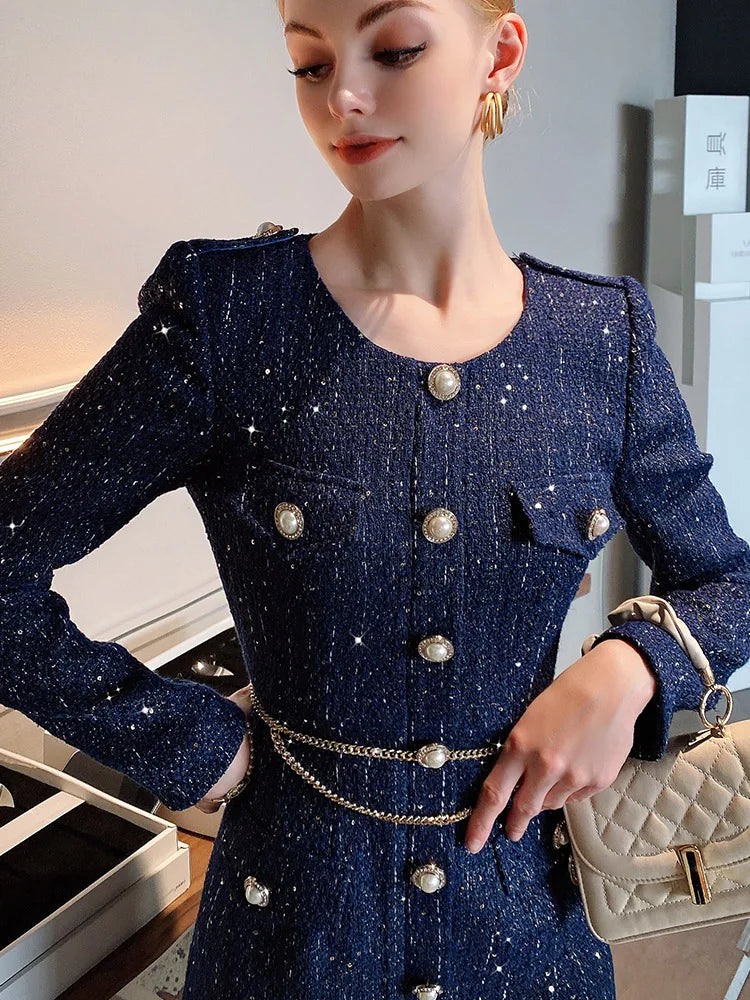 High End French Style Small Fragrance Sequin Tweed Slim Fitting Flower Bud Waist Chain Dress for Women