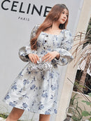 New Palace Style Elegant Waist Wrapped Lantern Sleeve Jacquard Dress for Women