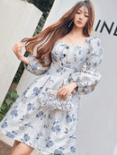 New Palace Style Elegant Waist Wrapped Lantern Sleeve Jacquard Dress for Women