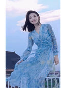 Beach Resort Style Beach Skirt French Luxury Light Luxury Hepburn Blue Oil Painting Dress for Women