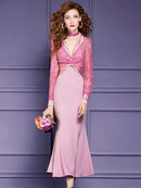 Pink Lace Suit Dress for Women's Spring New Light Cooked High Waisted Elegant Fishtail Skirt