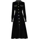 Plaid Lapel Long-sleeved Single-breasted Lace-up Waist Warm Velvet Mid-length Bottoming Dress  Little Black Dress