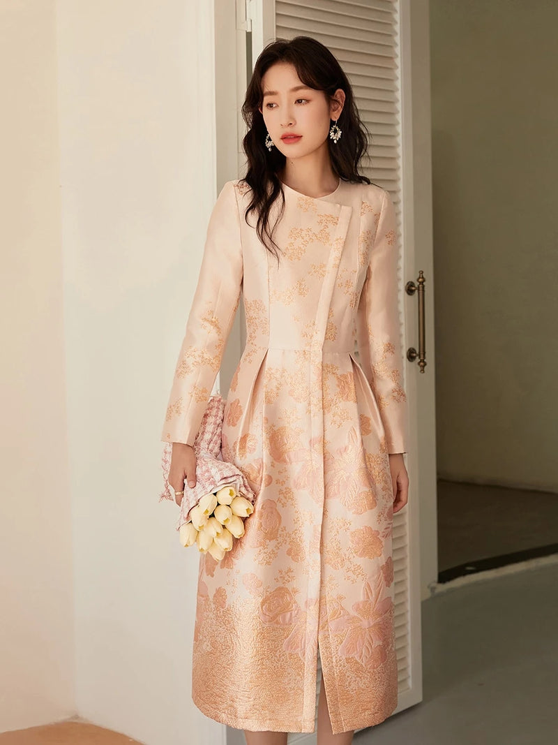 Retro High-end Temperament Heavy Work Pink Coat Gentle French Mid Length Style Dress for Women