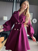 Rose Purple Temperament Famous Lady Style Slim Waist Double Row Diamond Inlaid Button Large Skirt Woolen Coat