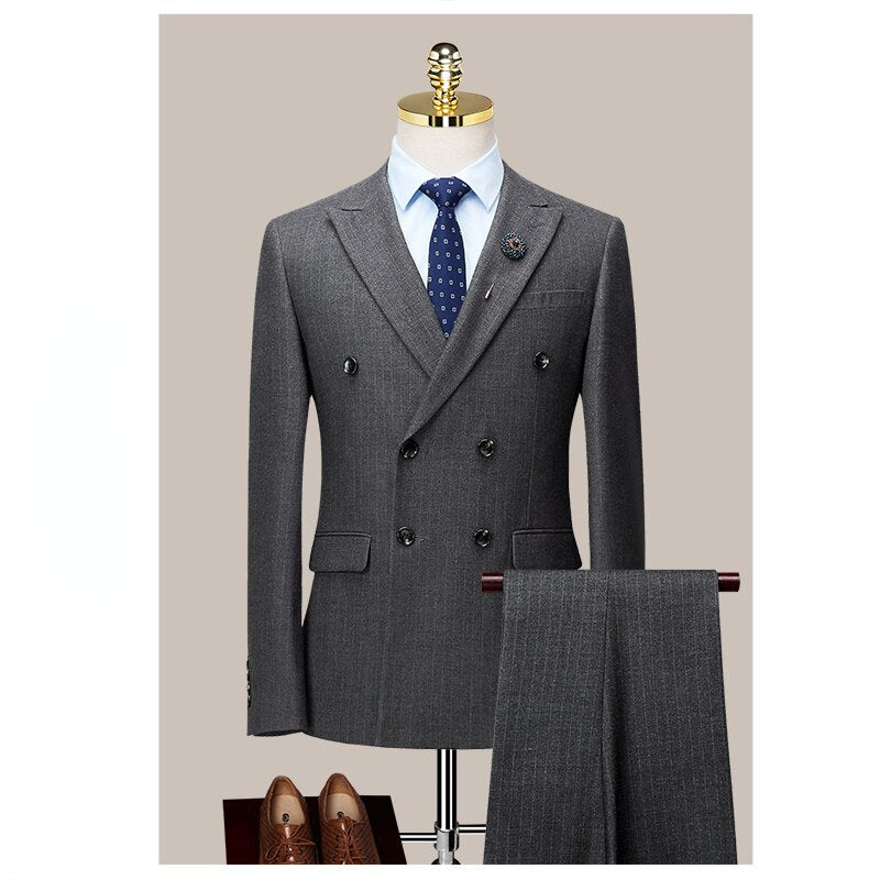 The Groom Married Men's Three Piece British Double Breasted Suit Men's Slim Korean Striped Suit Men