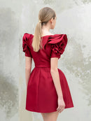 Women Short Sleeve V-neck Red Chiffon Short Sashes Nylon or Cotton A Line Dress Red Dresses for Woman Party Dress