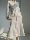 Custom French Elegant Hepburn Style Fishtail Dress Feminine Temperament Autumn and Winter Tea Length Tweed Cream Dress