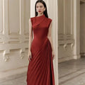 Elegant Half High Collar Asymmetrical Pressure Pleated Hem European and American Temperament Slim Dress Unique Plain Dress