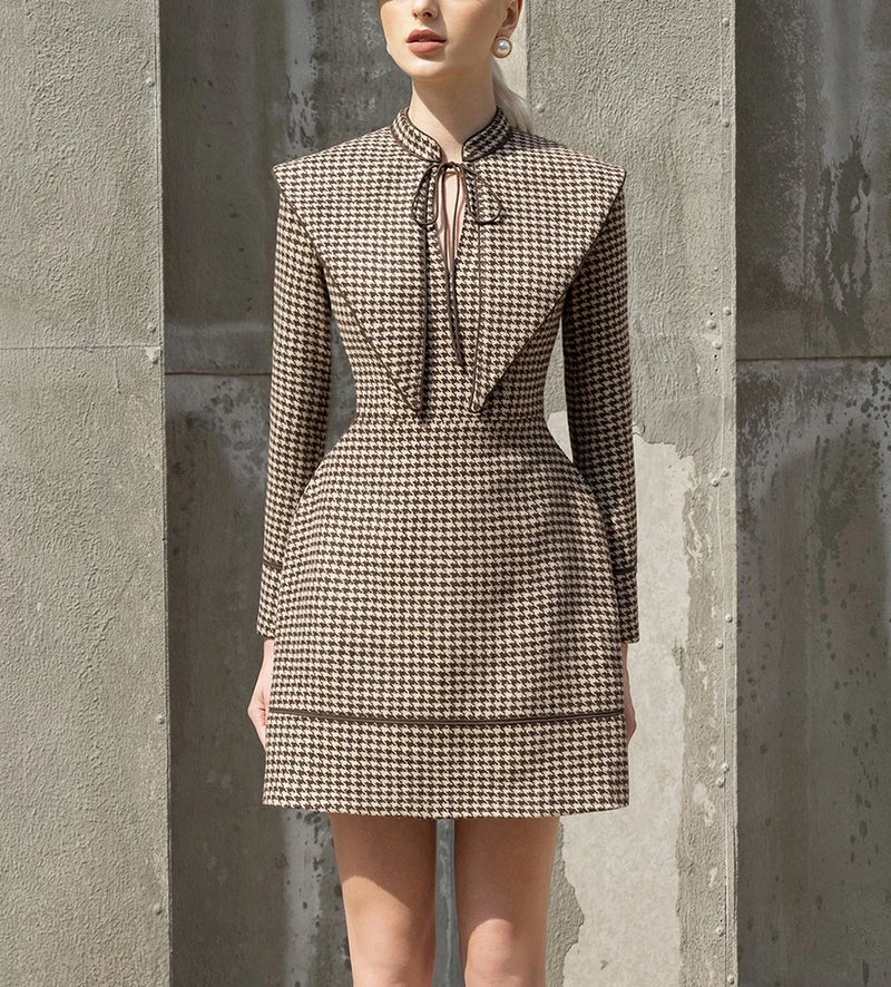 Tailor Shop Retro Slim and Thin Dark Brown Houndstooth Winter Female Light Luxury Dress Semi-Formal Dresses