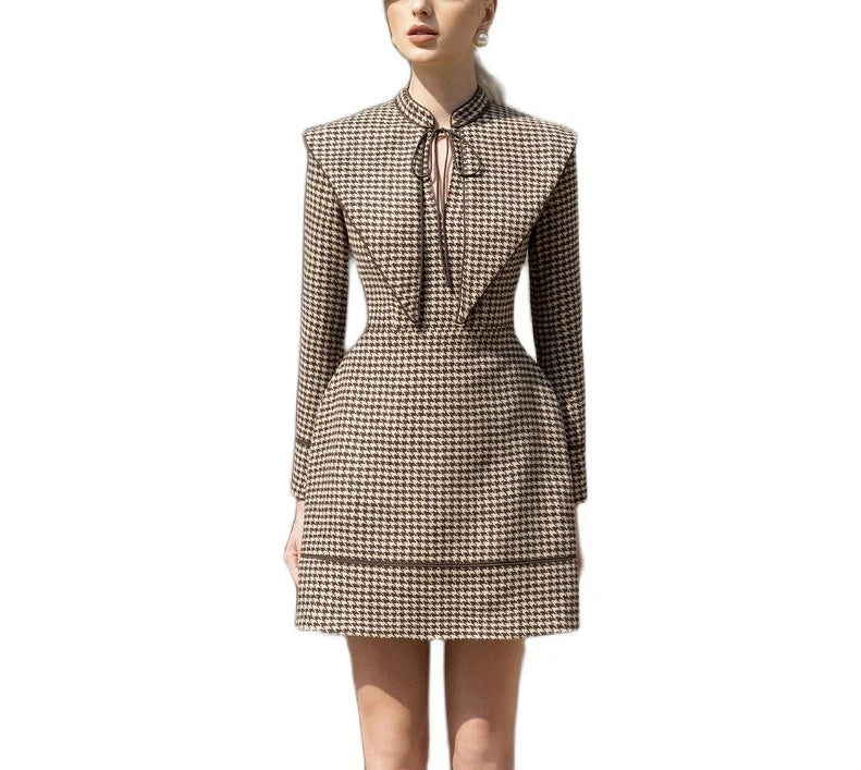 Tailor Shop Retro Slim and Thin Dark Brown Houndstooth Winter Female Light Luxury Dress Semi-Formal Dresses