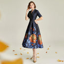 Tailor Shop V-neck Navy Luxur Mid-length Dress Slim Banquet Brocade Mother of The Bride Plus Size Dress