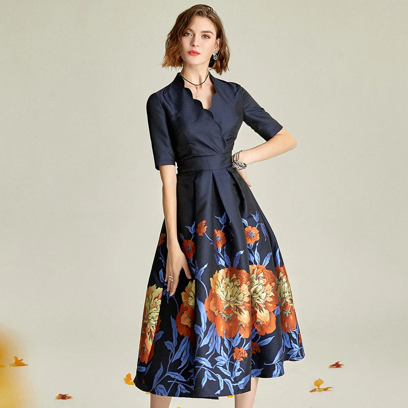 Tailor Shop V-neck Navy Luxur Mid-length Dress Slim Banquet Brocade Mother of The Bride Plus Size Dress