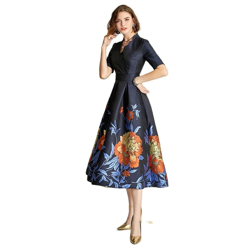 Tailor Shop V-neck Navy Luxur Mid-length Dress Slim Banquet Brocade Mother of The Bride Plus Size Dress