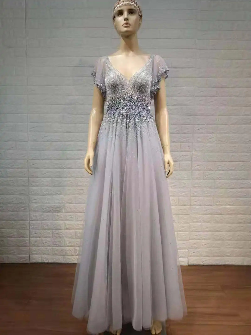 Tailor Shop Mother of Bride Dresses Silver Champagne Beads Elegant Occasion Wear Formal Gown Bling Short Beaded Evening Gowns