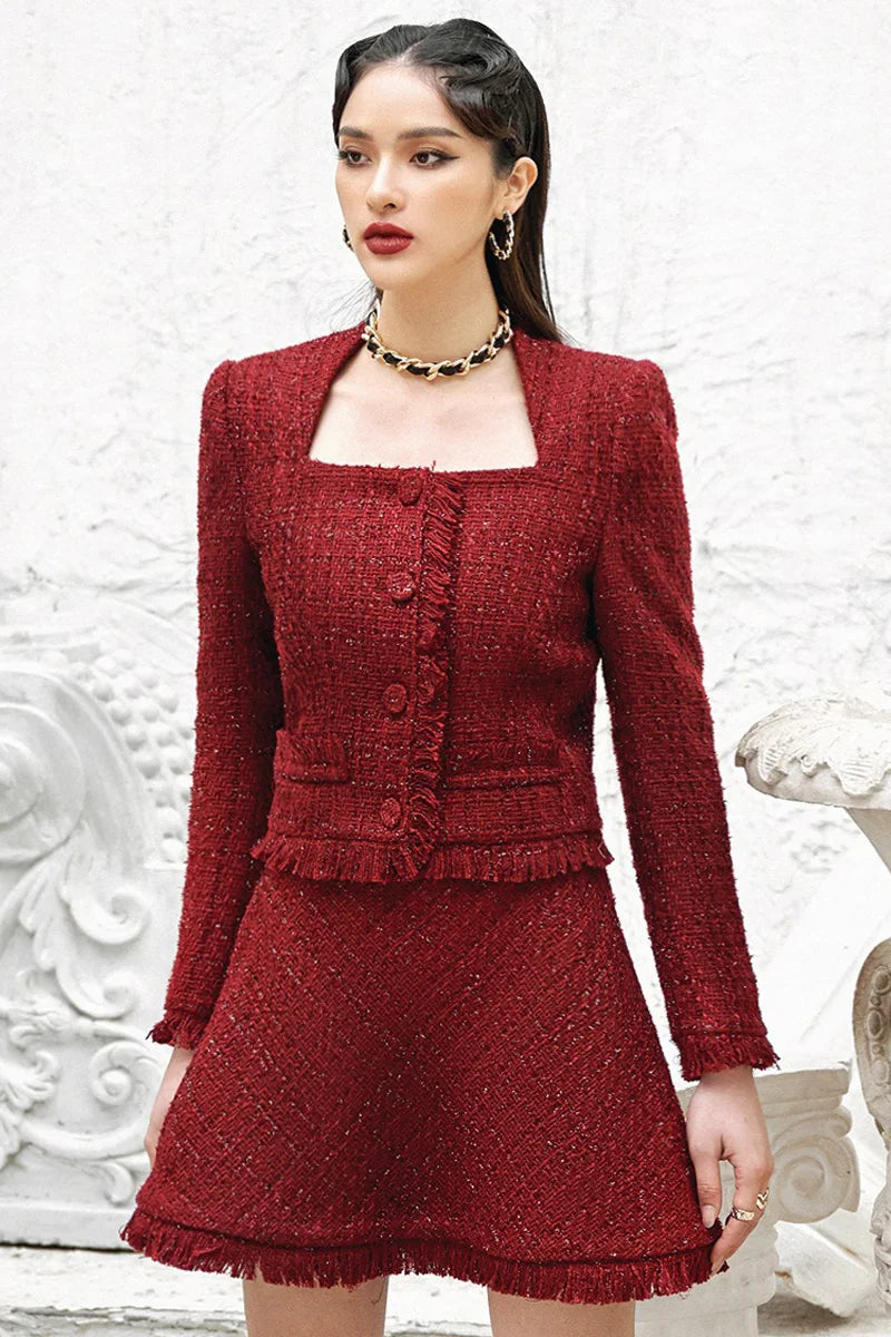 Tailor Shop Winter French Exquisite Square Collar Exposed Clavicle Sexy Small Fragrance Lady Dark Red Woolen Jacket Skirt Suit