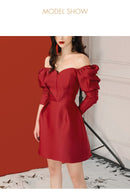 Dresses Natal Year Red Women's Fashion New Retro Puff Sleeve Design Sense Waist Celebrity Temperament Small Dress Dress  Dress