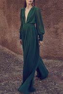 Vacation V-neck Hakama New Drape Jumpsuit Female Temperament Advanced Wide-leg Jumpsuit High Waist Thin Long Section  Dress