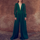 Vacation V-neck Hakama New Drape Jumpsuit Female Temperament Advanced Wide-leg Jumpsuit High Waist Thin Long Section  Dress