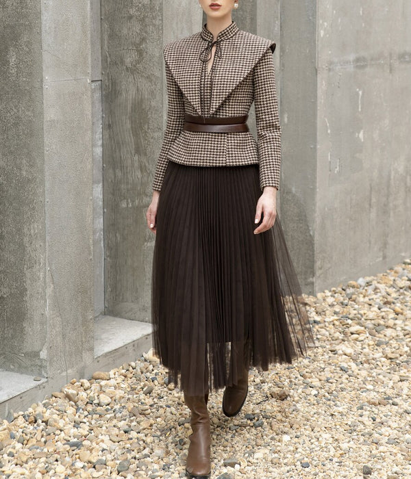 tailor shop Retro Slim and thin dark brown houndstooth winter female light luxury top and skirt Semi-Formal Dresses